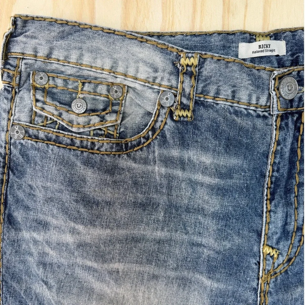True Religion Ricky Relaxed Straight Blue Big T Stitch Jeans Mens 42 106155‎